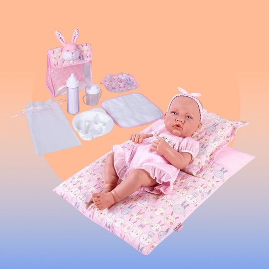 Pink Bunny Doll Feeding Set, Nursery Bag and Bedding (9-Piece)