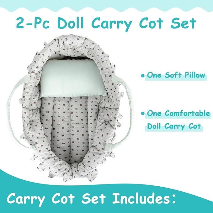 Doll Carry Cot Set, Soft Bassinet Carrier, Fits 16 Inch American Girl Dolls