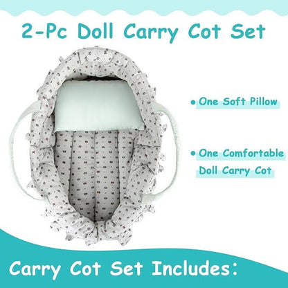 Doll Carry Cot Set, Soft Bassinet Carrier, Fits 16 Inch American Girl Dolls