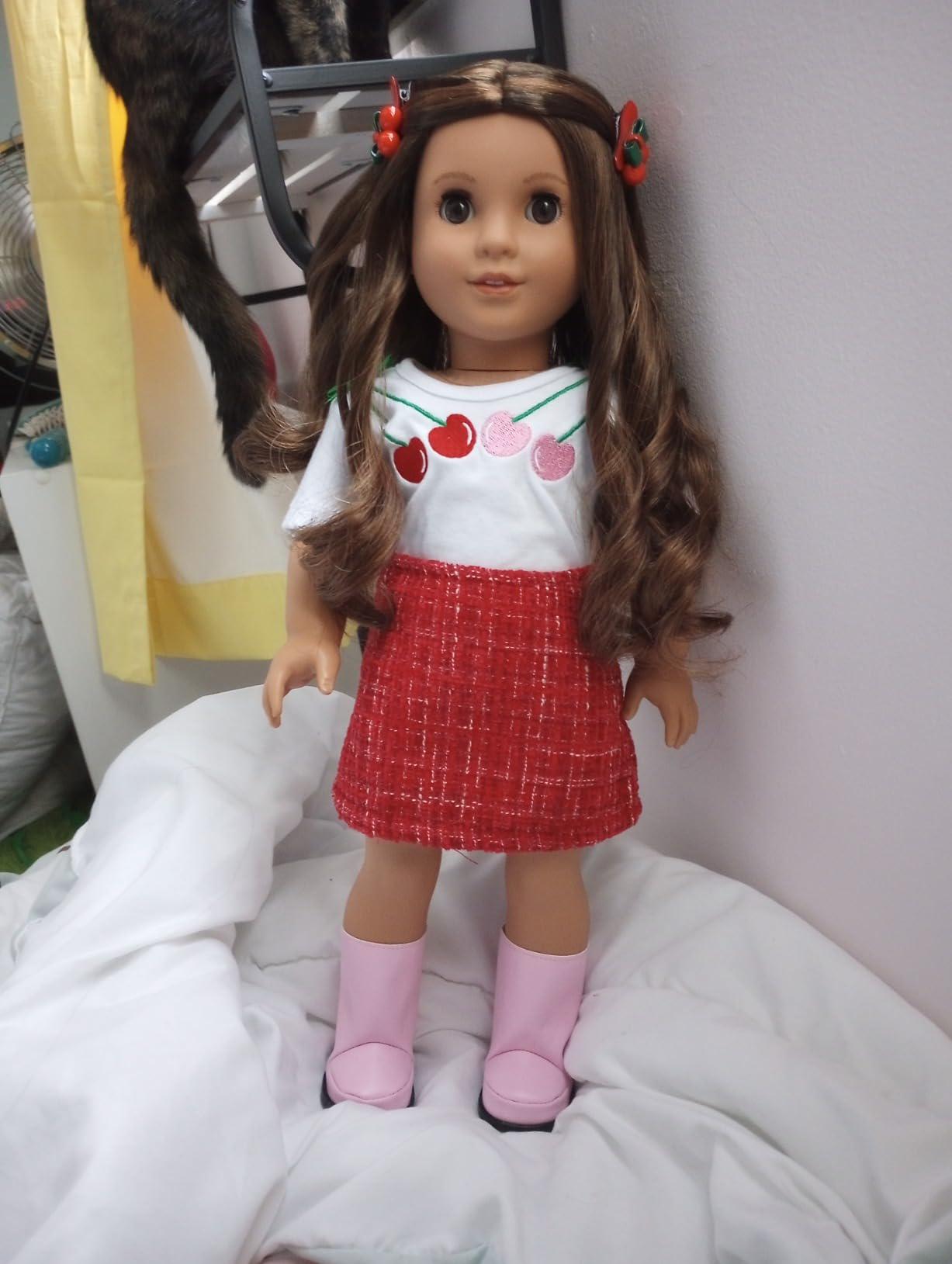 Doll Clothes Set, Cherry Shirt, Red Skirt, Hairpins, Shoes, for 18" Dolls