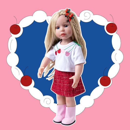 Doll Clothes Set, Cherry Shirt, Red Skirt, Hairpins, Shoes, for 18" Dolls