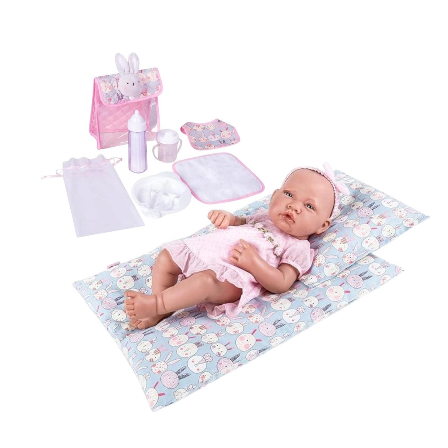 Grey Bunny Doll Feeding Set, Nursery Bag, 9 pcs (Doll Not Included)