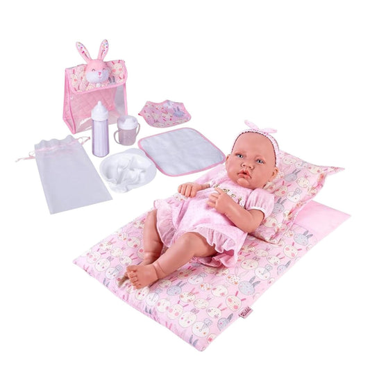Pink Bunny Doll Feeding Set, Nursery Bag and Bedding (9-Piece)