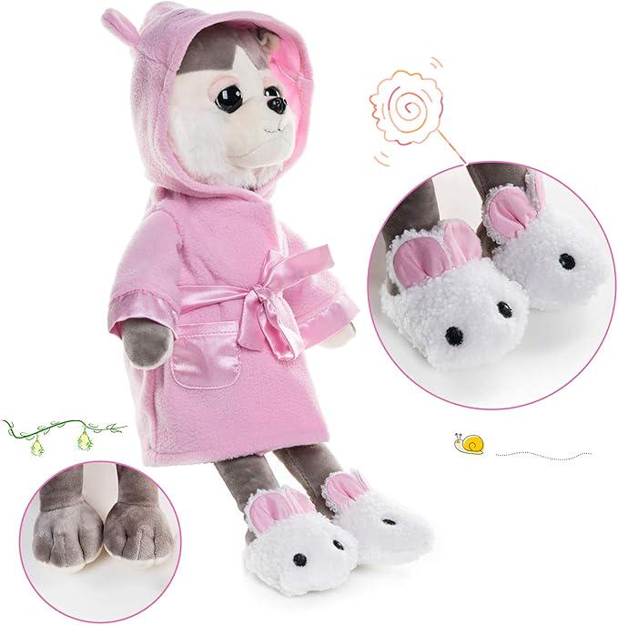 Plush Husky Dog Toy in Pajamas, Sleepwear & Bunny Slippers