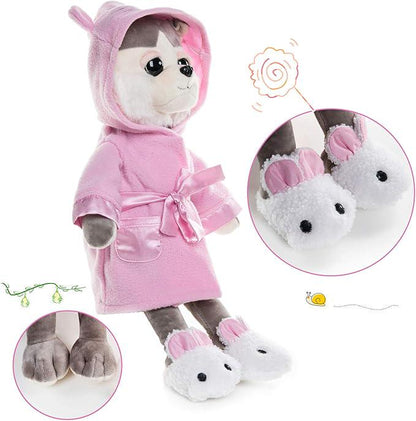 Plush Husky Dog Toy in Pajamas, Sleepwear & Bunny Slippers