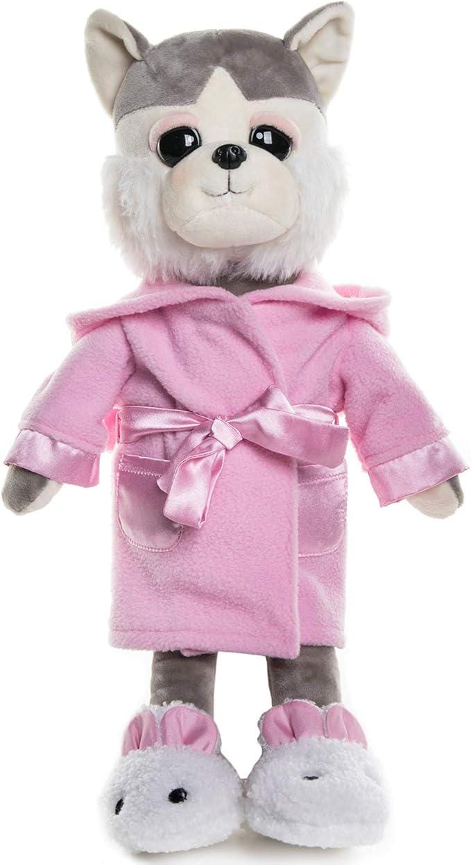 Plush Husky Dog Toy in Pajamas, Sleepwear & Bunny Slippers