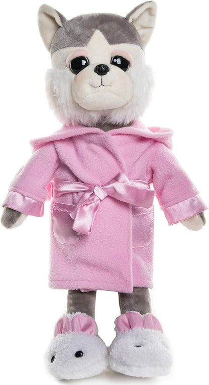 Plush Husky Dog Toy in Pajamas, Sleepwear & Bunny Slippers