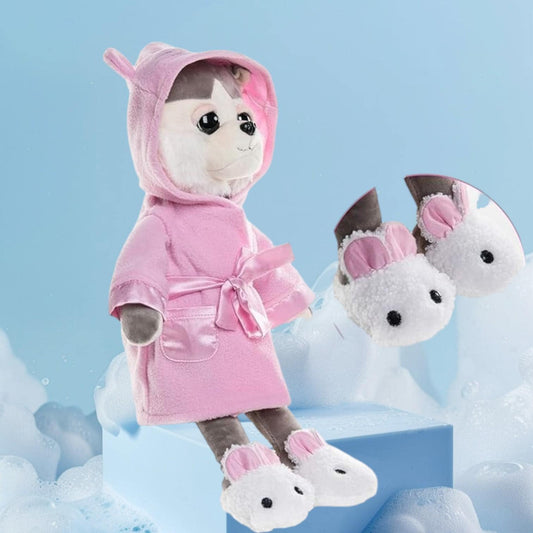 Plush Husky Dog Toy in Pajamas, Sleepwear & Bunny Slippers