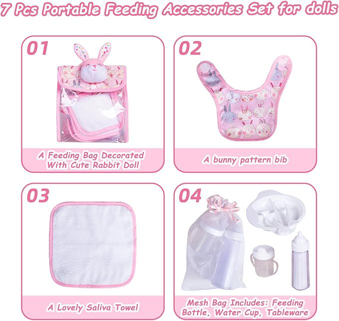 Pink Bunny Doll Feeding Set, Nursery Bag and Bedding (9-Piece)