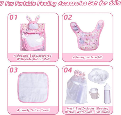 Pink Bunny Doll Feeding Set, Nursery Bag and Bedding (9-Piece)