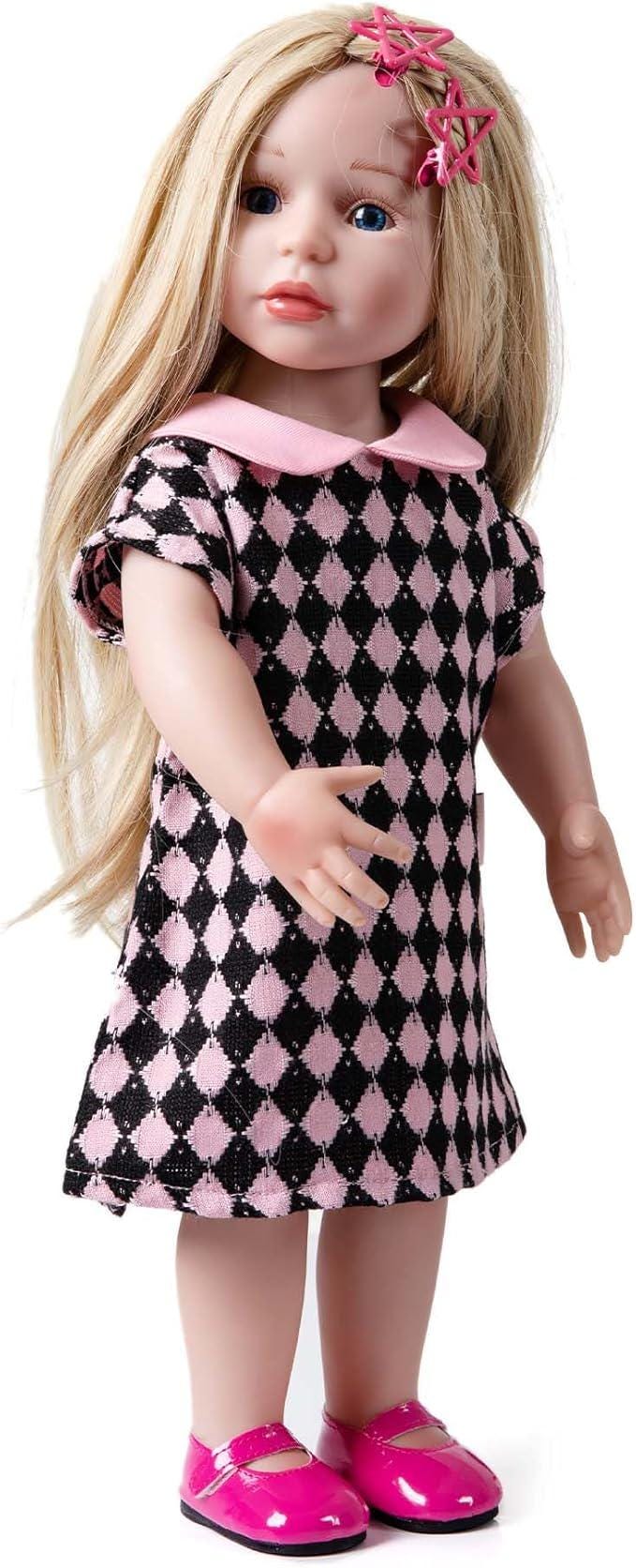 AG Doll Clothes, Pink Black Checkered Dress, Star Hairpins, Shoes, Fits 18" Dolls