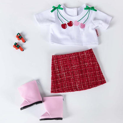Doll Clothes Set, Cherry Shirt, Red Skirt, Hairpins, Shoes, for 18" Dolls