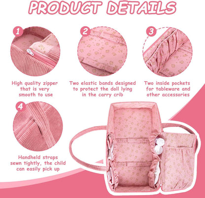 Doll Carry Cot Set, Soft Bassinet Carrier, Fits 16 Inch American Girl Dolls