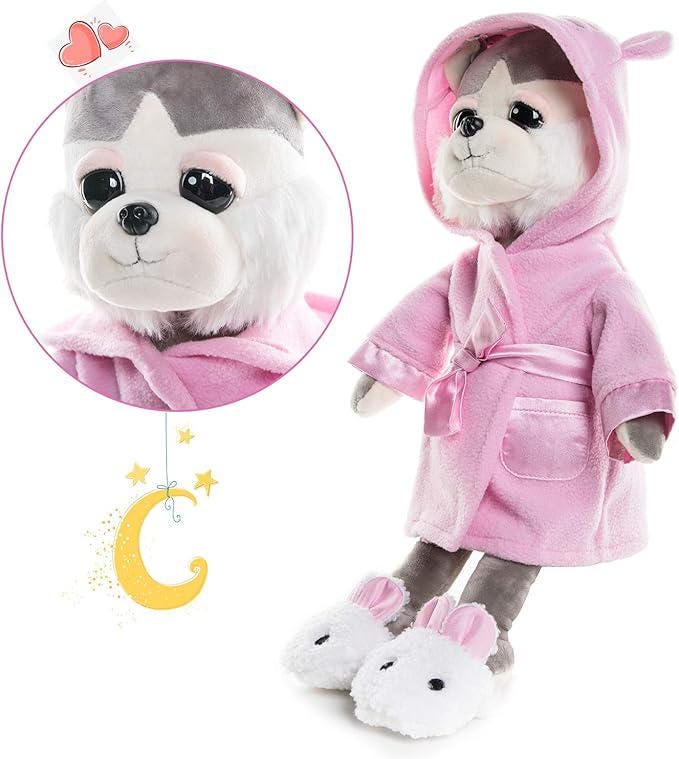 Plush Husky Dog Toy in Pajamas, Sleepwear & Bunny Slippers