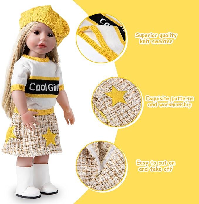 AG Doll Clothes Set, Yellow Knit Hat, Sweater, Skirt, Shoes (Doll Not Included)