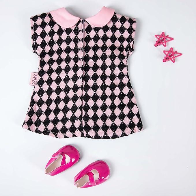 AG Doll Clothes, Pink Black Checkered Dress, Star Hairpins, Shoes, Fits 18" Dolls