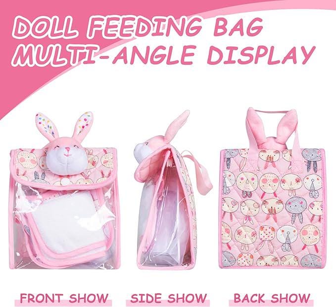 Pink Bunny Doll Feeding Set, Nursery Bag and Bedding (9-Piece)