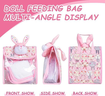 Pink Bunny Doll Feeding Set, Nursery Bag and Bedding (9-Piece)