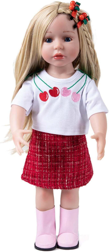 Doll Clothes Set, Cherry Shirt, Red Skirt, Hairpins, Shoes, for 18" Dolls