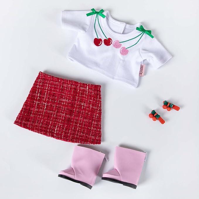 Doll Clothes Set, Cherry Shirt, Red Skirt, Hairpins, Shoes, for 18" Dolls
