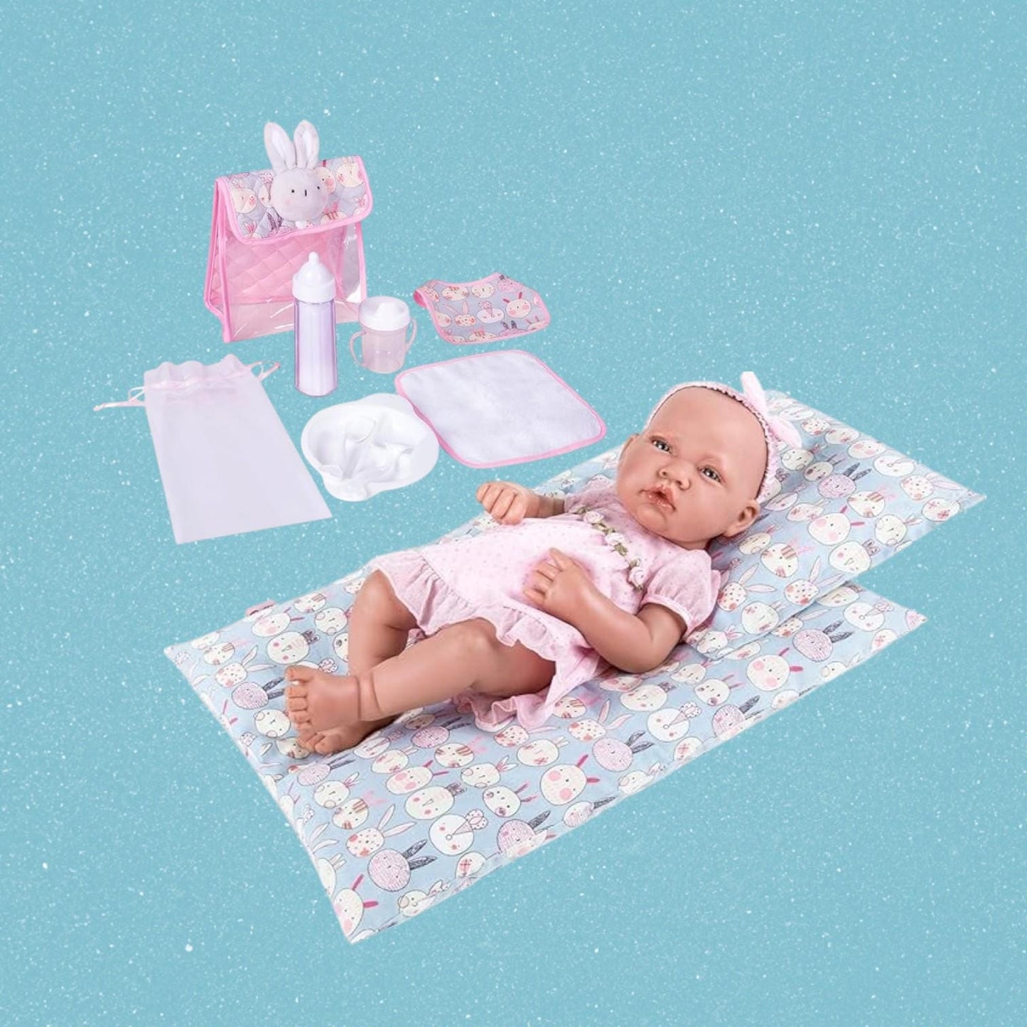 Grey Bunny Doll Feeding Set, Nursery Bag, 9 pcs (Doll Not Included)