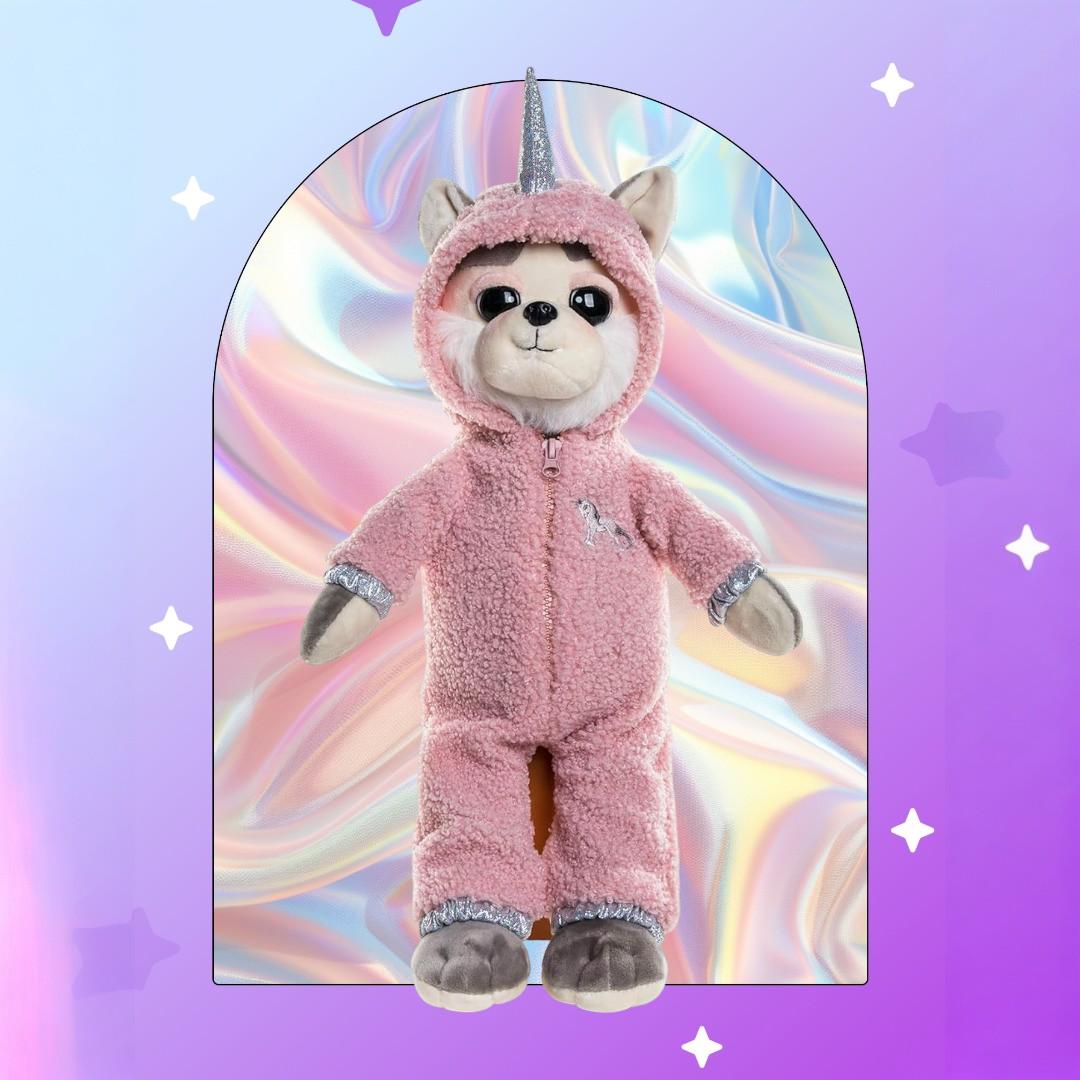 Plush Husky Dog Toy in Pink Unicorn Outfit