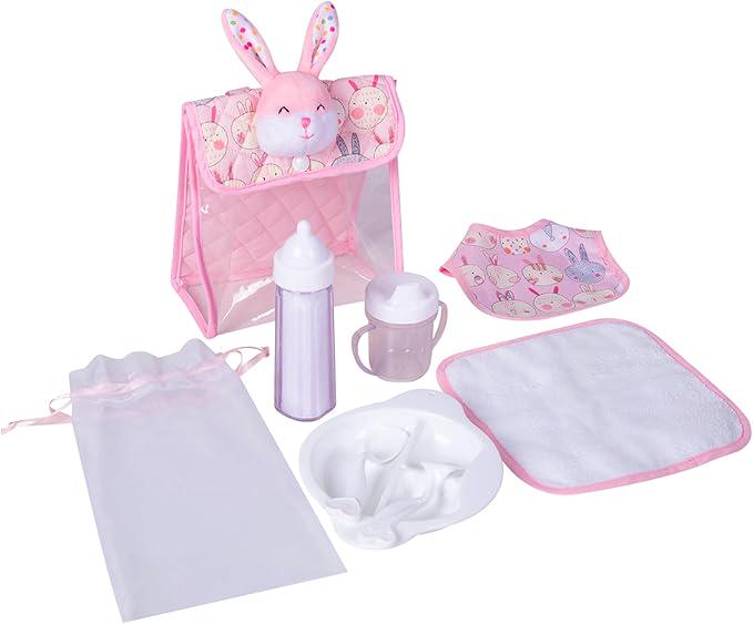 Pink Bunny Doll Feeding Set, Nursery Bag and Bedding (9-Piece)