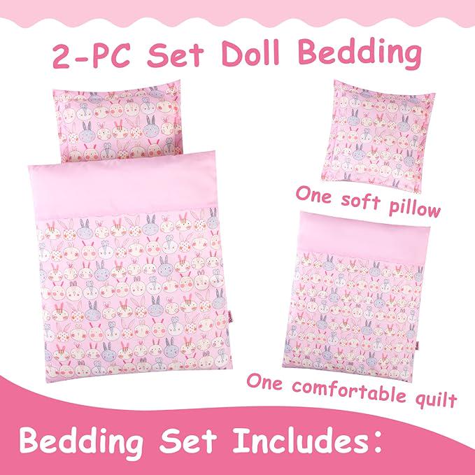 Pink Bunny Doll Feeding Set, Nursery Bag and Bedding (9-Piece)