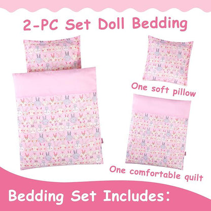 Pink Bunny Doll Feeding Set, Nursery Bag and Bedding (9-Piece)